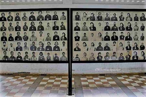 Black and white prisoner photos displayed at Tuol Sleng Genocide Museum