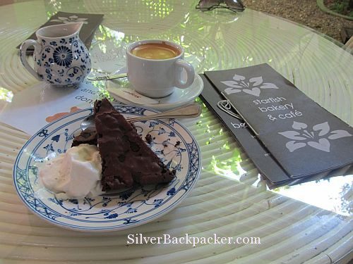 Afternoon coffee and chocolate brownie at Starfish Bakery