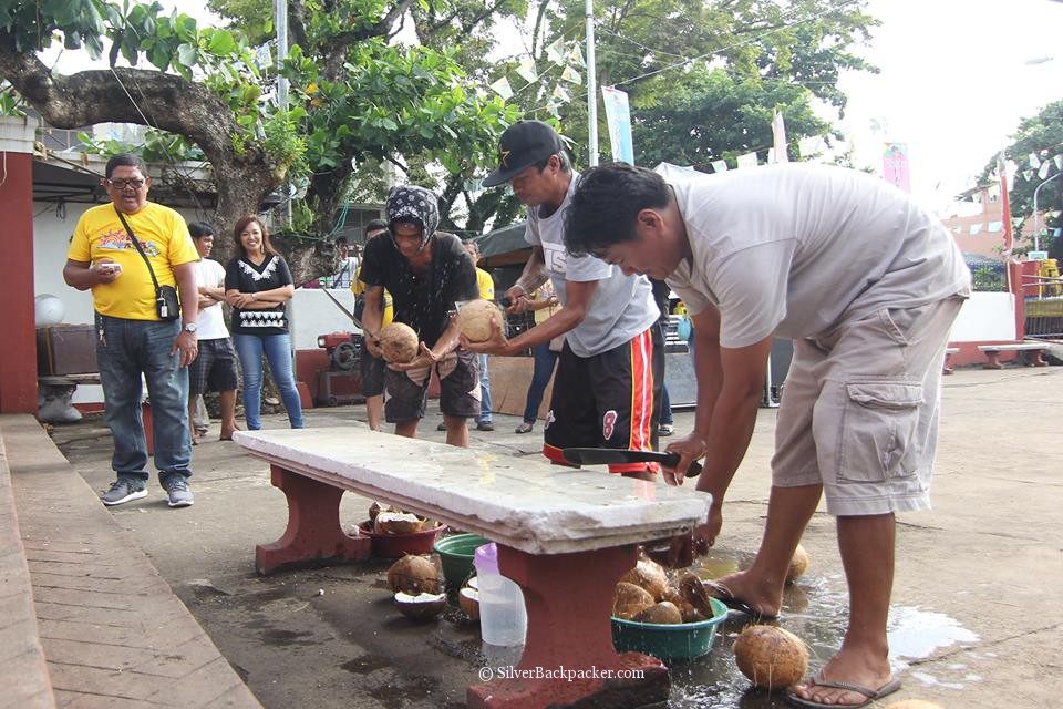 Cracking open coconuts tabak festival